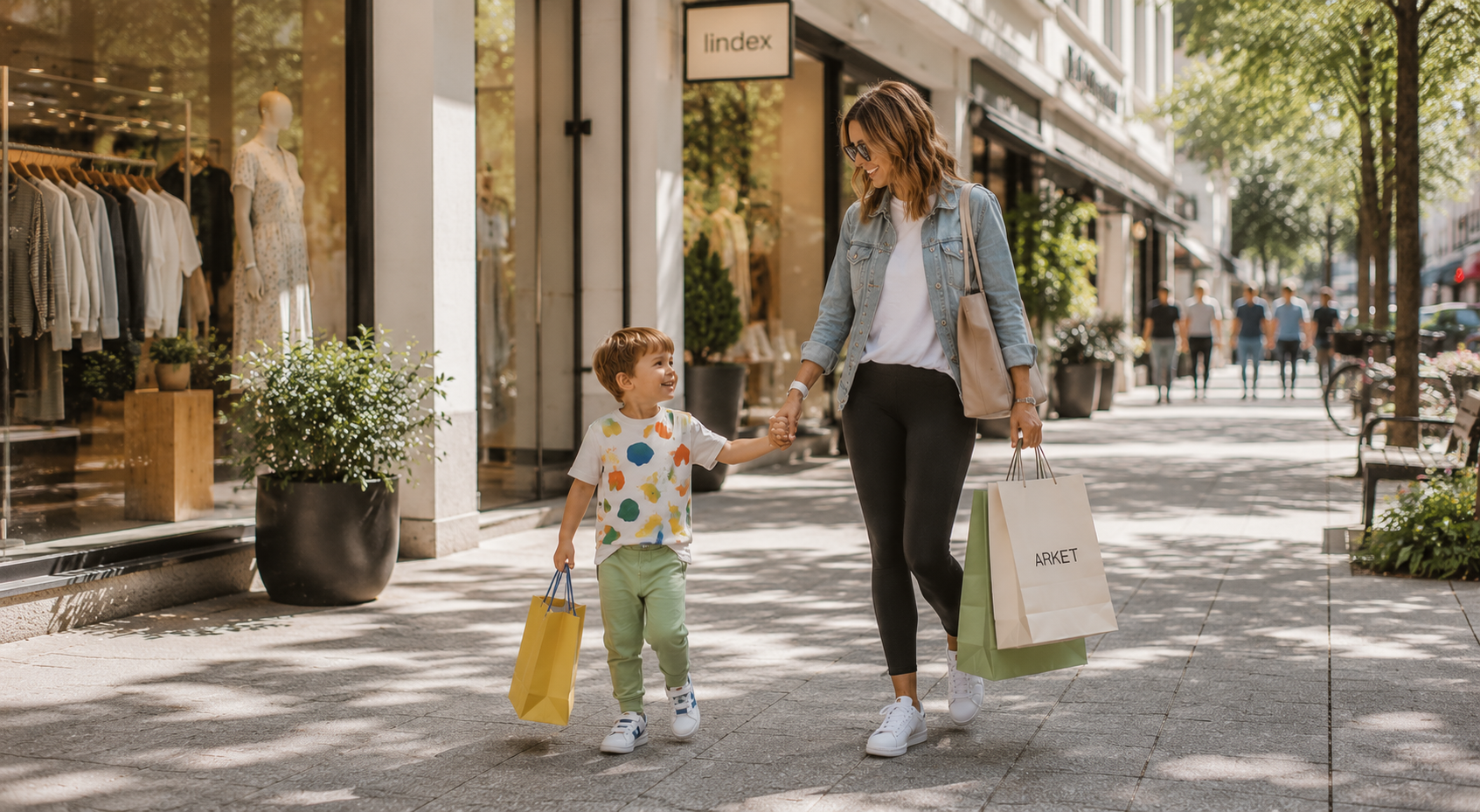 A family walking together in a European city, holding hands
